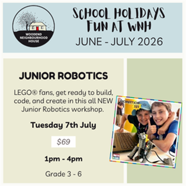 Promotional tile that lists the details of the Junior Robotics workshop.